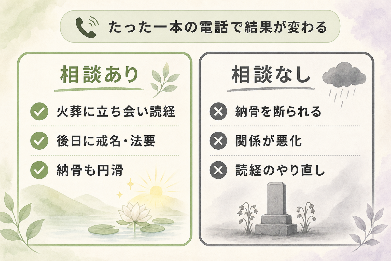 菩提寺へ事前相談した場合としなかった場合のその後を対比した図。左側「相談あり：火葬に立ち会い読経・後日に戒名や法要・納骨も円滑」を明るい色で、右側「相談なし：納骨を断られる・関係が悪化・あらためて読経のやり直し」を暗い色で並べ、たった一本の電話で結果が大きく変わることを示した対比図