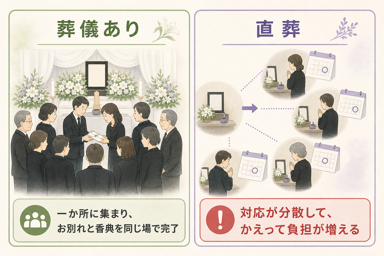 直葬後に弔問が分散して増える様子を示した図。左に「葬儀あり=参列者がその場でお別れと香典を済ませる」を一か所に集まった形で、右に「直葬=訃報を後で知った人が別々の日に個別訪問」をバラバラに訪れる形で対比し、右下に「対応が分散して負担増」と添えた図