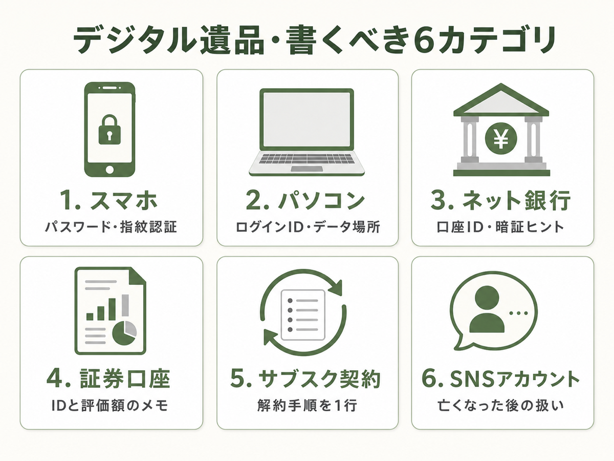 デジタル遺品の6カテゴリリスト。スマホ/パソコン/ネット銀行/証券口座/サブスク契約/SNSアカウントを3x2グリッドで分類したフラット図解
