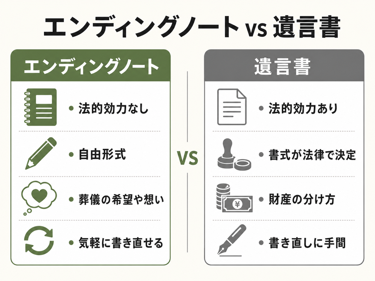 エンディングノート vs 遺言書の比較カード。エンディングノート(法的効力なし・自由形式・葬儀希望や想い)/遺言書(法的効力あり・書式が法律で決定・財産の分け方)を並列比較したフラット図解