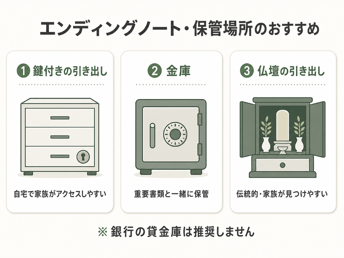 エンディングノート保管場所の3つのおすすめ。①鍵付きの引き出し(自宅で家族がアクセスしやすい)/②金庫(重要書類と一緒に保管)/③仏壇の引き出し(伝統的・家族が見つけやすい)の3カードフラット図解(※銀行の貸金庫は推奨しない)
