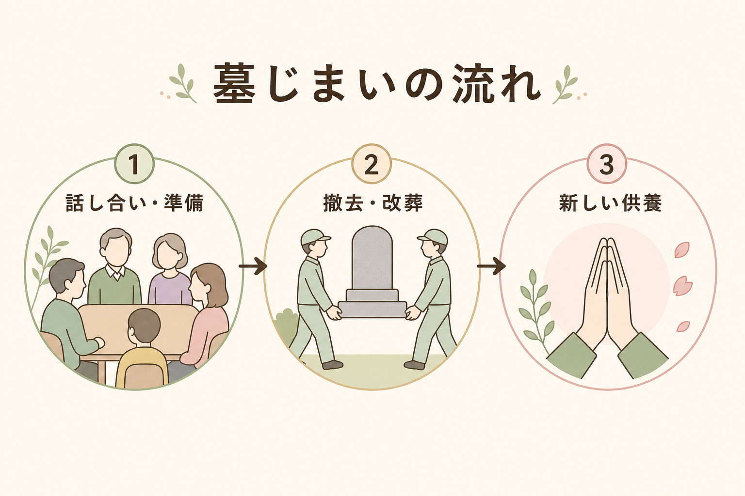 墓じまいの進め方・3段階。①話し合い・準備 → ②墓石撤去・遺骨の取り出し → ③新しい供養先への納骨という3段階を矢印でつないだフロー図