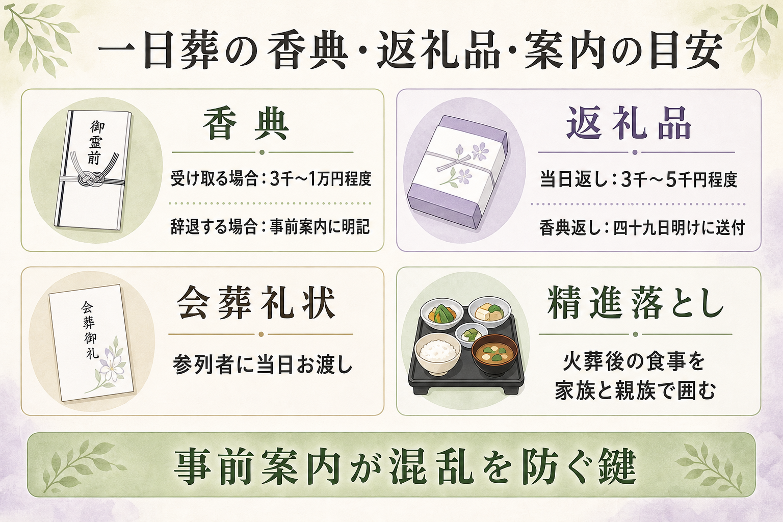 一日葬の香典と返礼品の案内図解。『香典:受け取る場合は3千〜1万円程度が目安/辞退する場合は事前案内に明記』『返礼品:当日返し3千〜5千円程度/香典返しは四十九日明けに送付』『会葬礼状:参列者に当日お渡し』『精進落とし:火葬後の食事を家族と親族で囲む』の4項目を、それぞれ金額目安と注意点付きカードで並べた一覧図