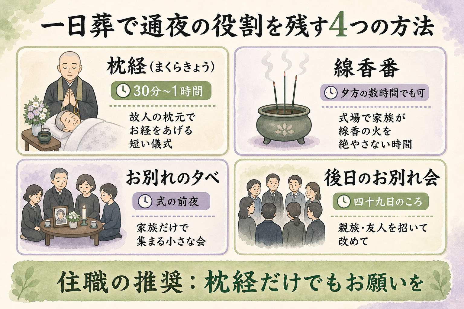 一日葬で通夜の役割を残すための代替案図解。『①枕経:故人の枕元でお経をあげる短い儀式(30分〜1時間)』『②線香番:式場で家族が線香の火を絶やさない時間を持つ』『③お別れの夕べ:式の前夜に家族だけで集まる小さな会』『④後日のお別れ会:四十九日のころに親族・友人を招いて改めて』の4つの選択肢を、それぞれ説明と所要時間付きカード4枚で並べた代替案集