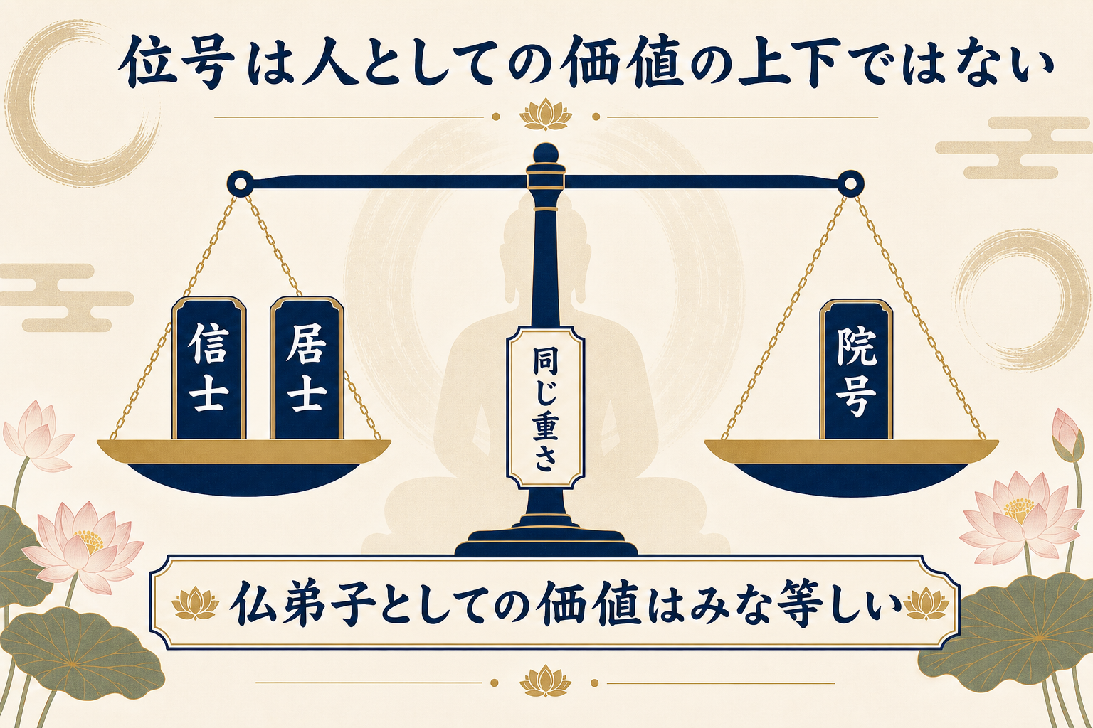 位号で価値の上下は決まらないことを視覚化したフラットデザイン図解。中央に天秤を描き、左右の皿に信士・居士・院号のお名前を載せる。すべて同じ高さで釣り合っている。下部に『仏弟子としての価値はみな等しい』のメッセージ。背景に蓮の花と仏様のシルエット