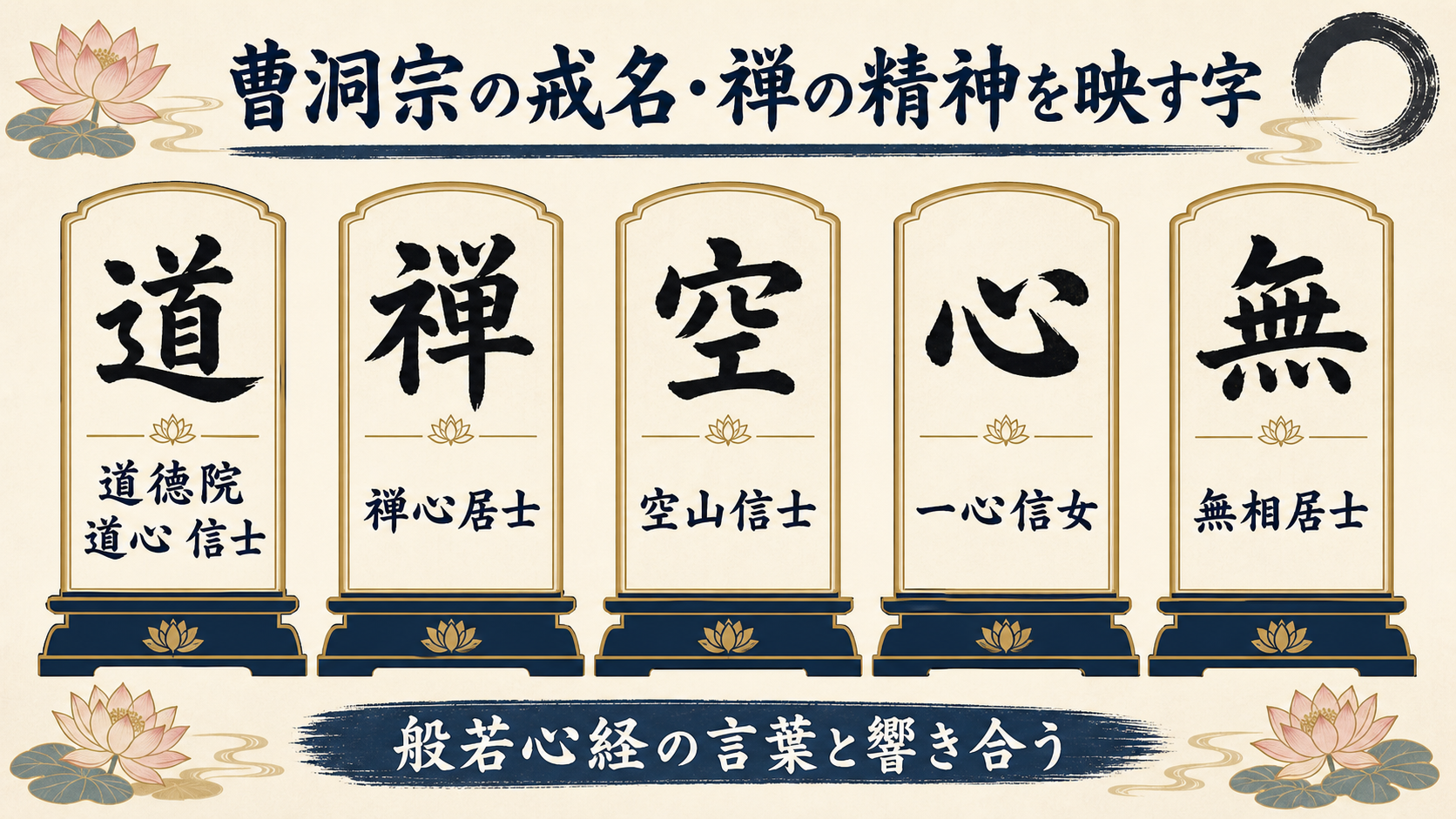 曹洞宗の戒名で禅の精神を映す字の例フラットデザイン図解。横並びの位牌風カードに毛筆風太字で「道」道徳院 道心 信士、「禅」禅心居士、「空」空山信士、「心」一心信女、「無」無相居士の5サンプル。下部に『般若心経の言葉と響き合う』のメッセージ