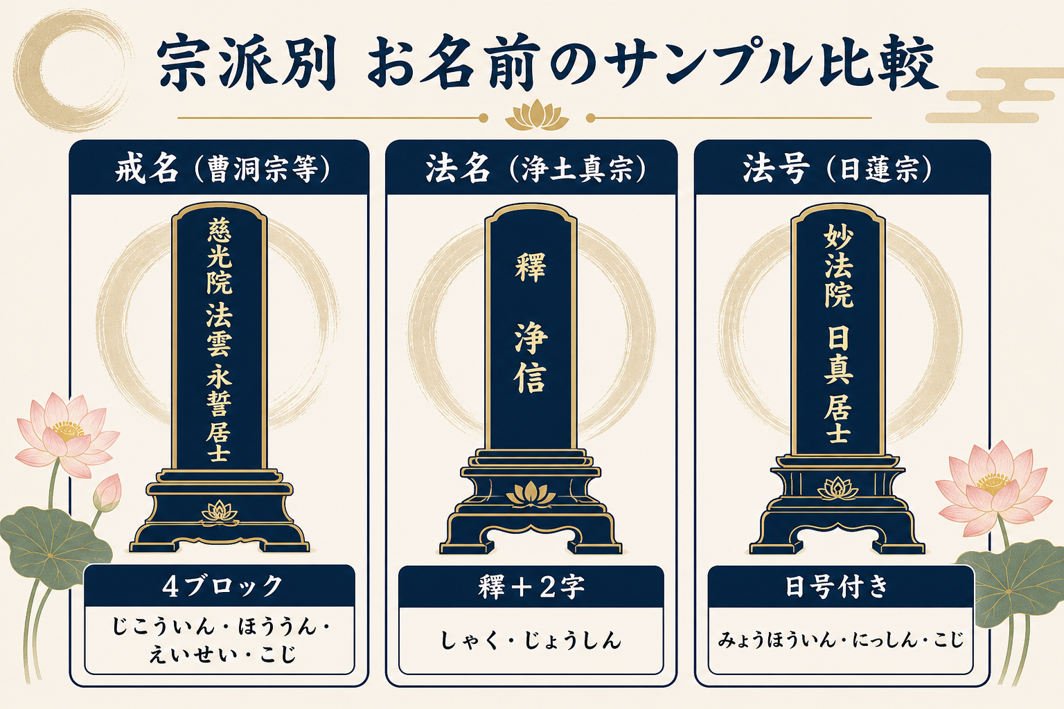 戒名・法名・法号の3サンプル並列比較フラット図解。横並びに3つの位牌風カード、左から戒名（曹洞宗等）「慈光院 法雲 永誓 居士」、法名（浄土真宗）「釋 浄信」、法号（日蓮宗）「妙法院 日真 居士」を縦書きで描画。それぞれの字数構造（4ブロック・釋＋2字・日号付き）を併記