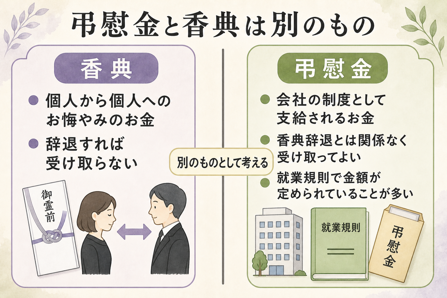 弔慰金と香典の違いを左右で対比した図。左側『香典』は『個人から個人へのお悔やみのお金。辞退すれば受け取らない』、右側『弔慰金』は『会社の制度として支給されるお金。香典辞退とは関係なく受け取ってよい。就業規則で金額が定められていることが多い』と説明。中央に『別のものとして考える』という矢印を置いた対比図