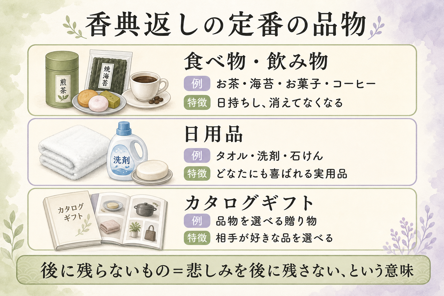 香典返しの定番の品物を分類して示した図。『食べ物・飲み物(お茶・海苔・お菓子・コーヒー — 日持ちし、消えてなくなる)』『日用品(タオル・洗剤・石けん — どなたにも喜ばれる実用品)』『品物を選べる贈り物(カタログギフト — 相手が好きな品を選べる)』の3分類を、それぞれ品物のイラストと特徴つきで並べ、下部に『後に残らないもの=悲しみを後に残さない、という意味が込められている』と添えた一覧図