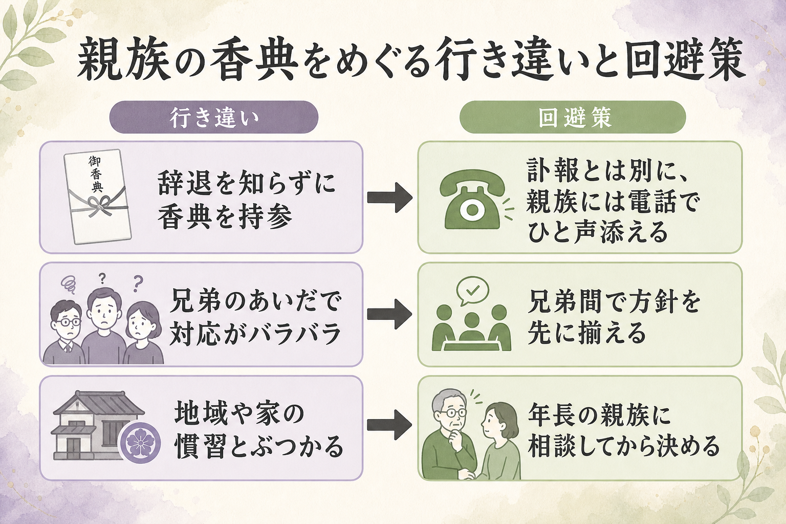 親族の香典をめぐるよくある行き違い3つと、その回避策を示した図。行き違い1『辞退を知らずに香典を持参 → 訃報とは別に、親族には電話でひと声添える』、行き違い2『兄弟のあいだで対応がバラバラ → 兄弟間で方針を先に揃える』、行き違い3『地域や家の慣習とぶつかる → 年長の親族に相談してから決める』。左に行き違い、右に回避策を矢印でつないだ3組の対比図