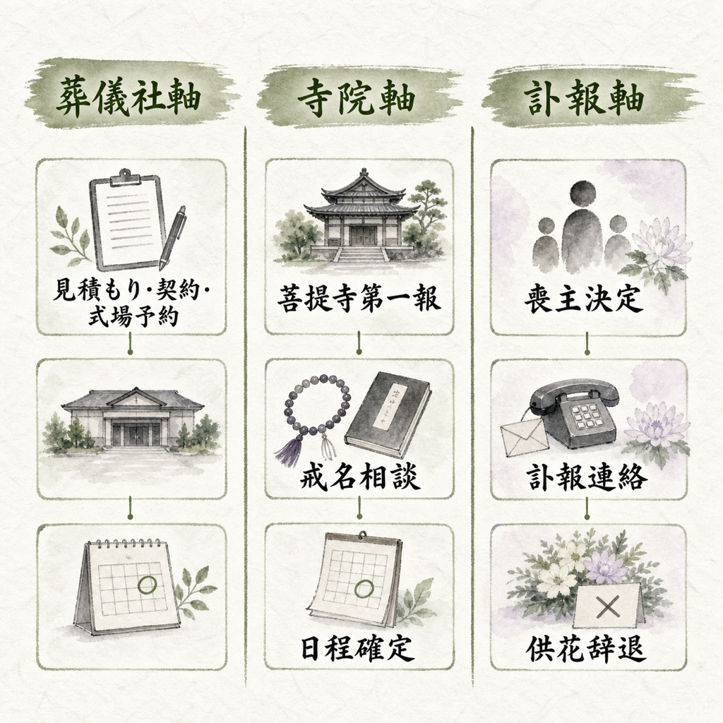 通夜までの48時間でやることを一覧化した図解。3列構成で『葬儀社軸(見積もり・契約・式場予約)』『寺院軸(菩提寺第一報・戒名相談・日程確定)』『訃報軸(喪主決定・訃報連絡・供花辞退の判断)』を並列に示した実務リスト
