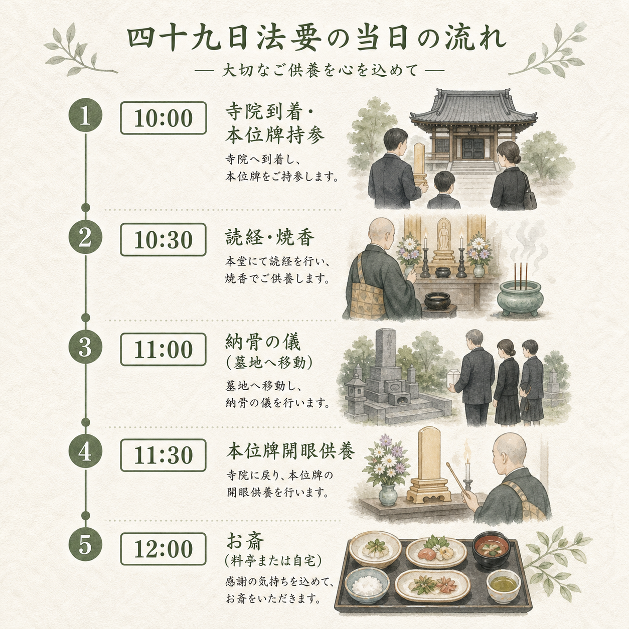 四十九日当日の流れ図解。10時:寺院到着・本位牌持参/10時30分:読経・焼香/11時:納骨の儀(墓地へ移動)/11時30分:本位牌開眼供養/12時:お斎(料亭または自宅)、を縦軸タイムラインで示した式次第