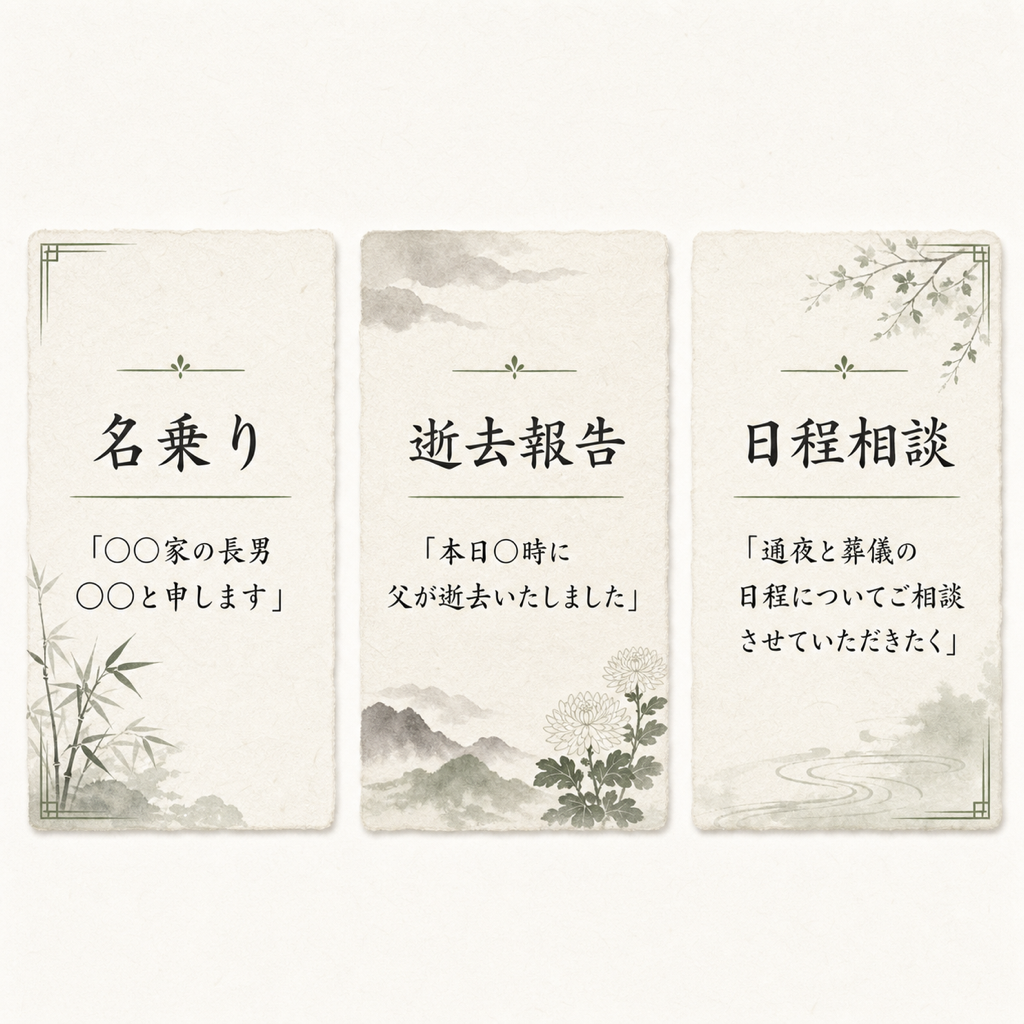 菩提寺への第一報の言い回し3文例カード図解。『電話冒頭の名乗り:◯◯家の長男◯◯と申します』『逝去報告:本日◯時に父が逝去いたしました』『日程相談:通夜と葬儀の日程についてご相談させていただきたく』を3枚の和紙風カードに並べた実用例
