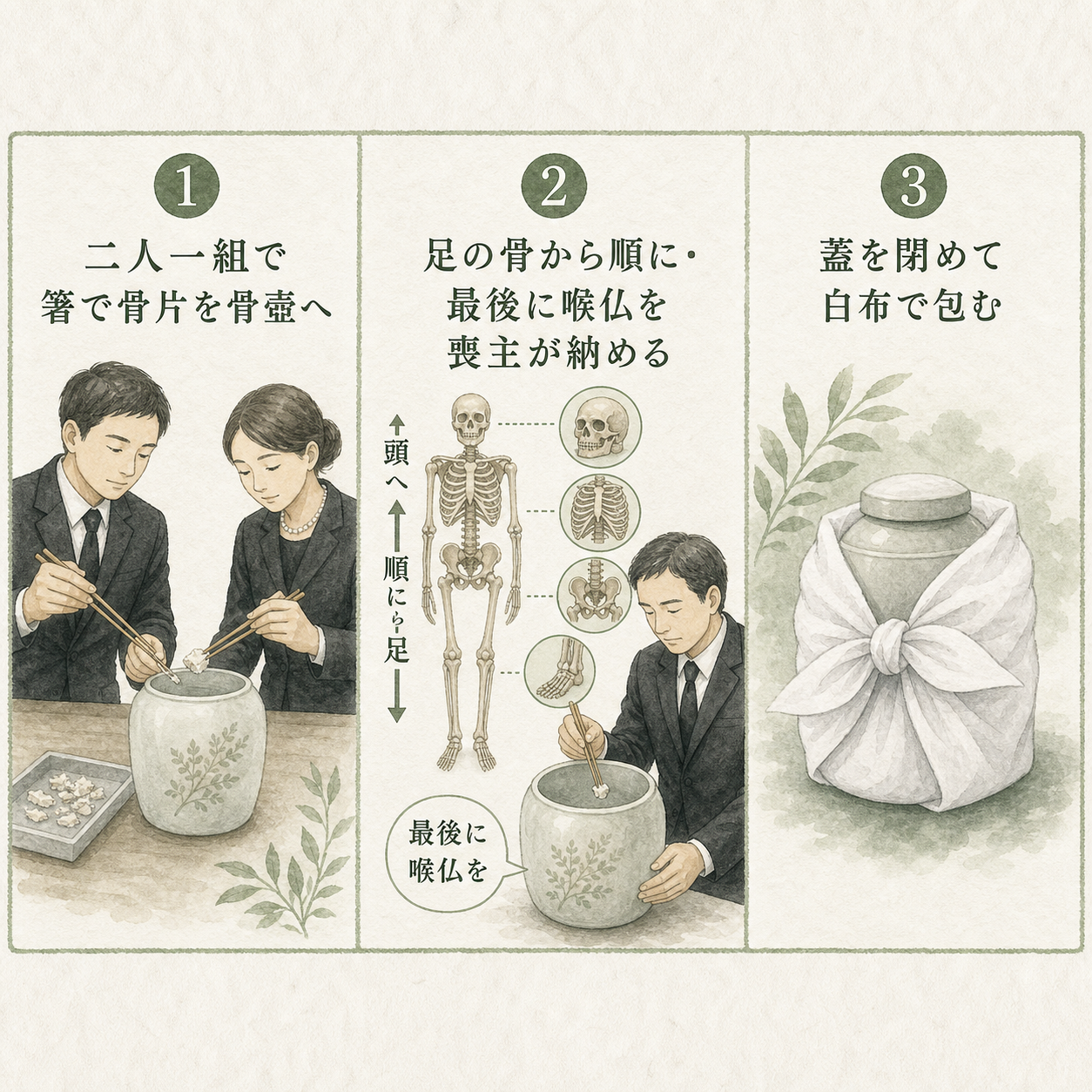 骨上げの作法を示した図解。①二人一組で一つの骨片を箸で挟み骨壺へ／②足の骨から順に拾い、最後に喉仏（のどぼとけ）を喪主が納める／③蓋を閉めて骨壺を白布で包む、を3コマで示した儀式解説