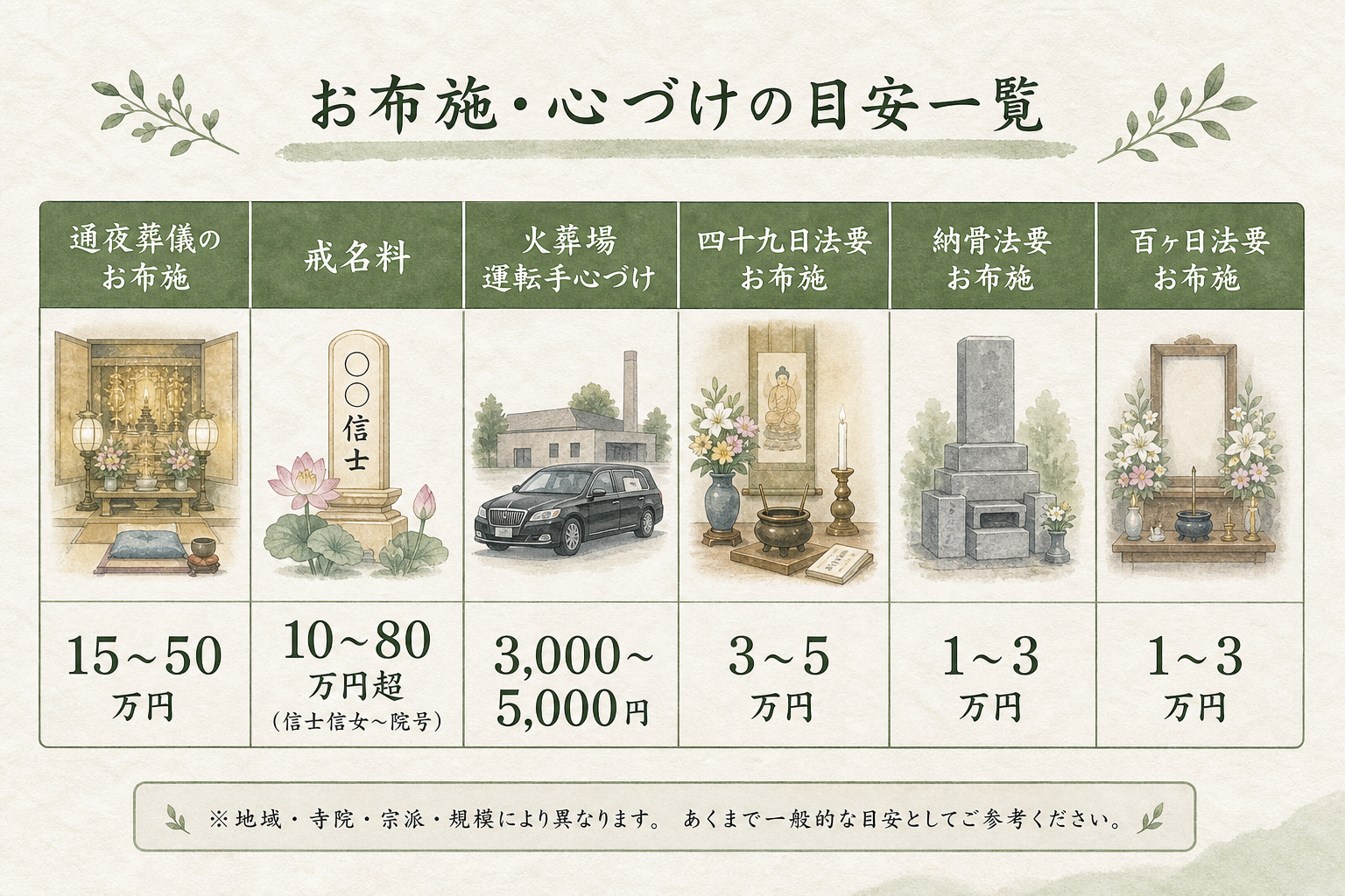 お布施・心づけ目安の横並び表図解。場面ごとに『通夜葬儀のお布施 15〜50万円』『戒名料 10〜80万円超（信士信女〜院号）』『火葬場運転手心づけ 3000〜5000円』『四十九日法要お布施 3〜5万円』『納骨法要お布施 1〜3万円』『百ヶ日法要お布施 1〜3万円』を金額帯で示した一覧表