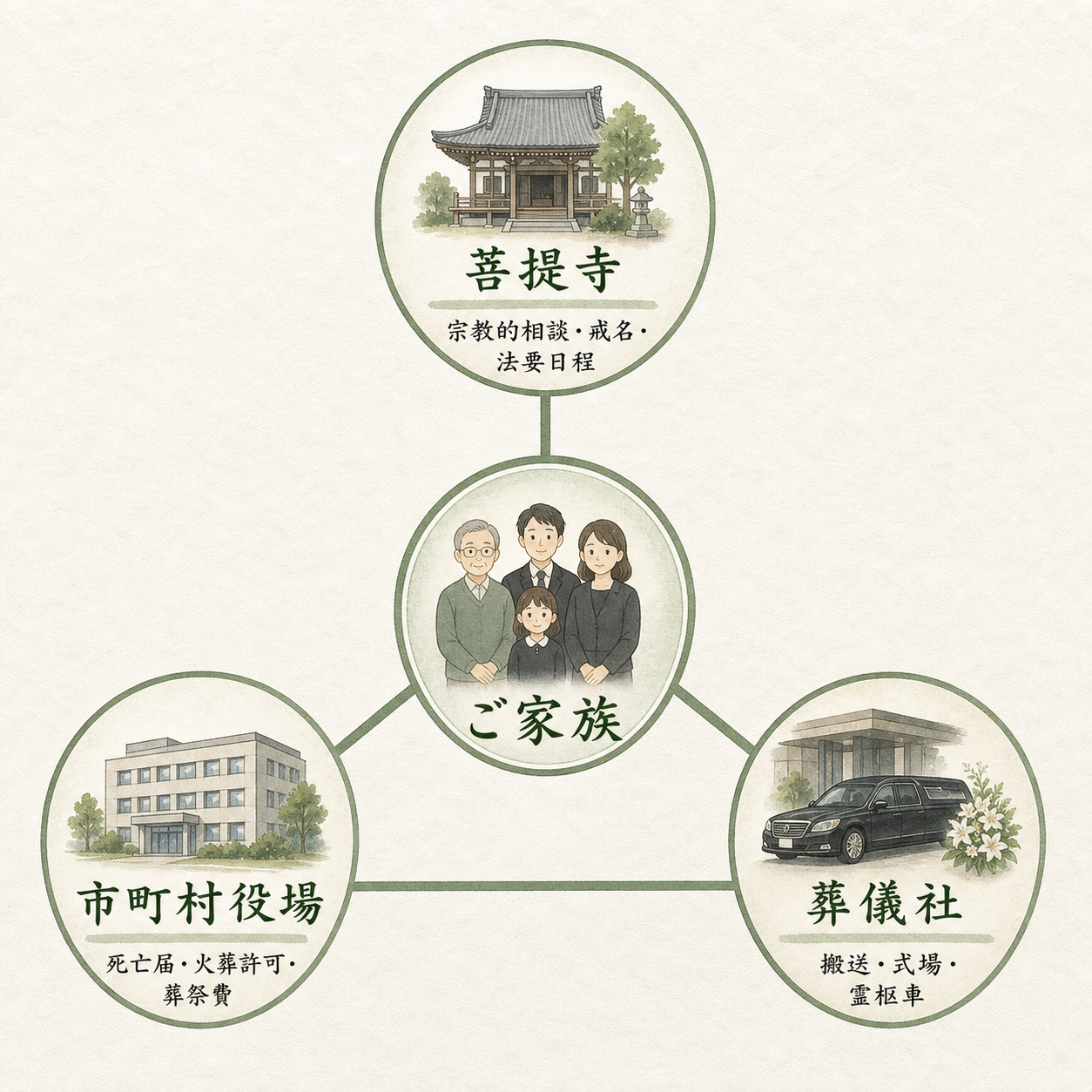 困ったときの相談先マップ図解。中央『ご家族』を取り囲む形で『菩提寺:宗教的な相談・戒名・法要日程』『市町村役場:死亡届・火葬許可・葬祭費補助』『葬儀社:実務的段取り・見積もり・斎場手配』の3つを三角配置した相談先一覧