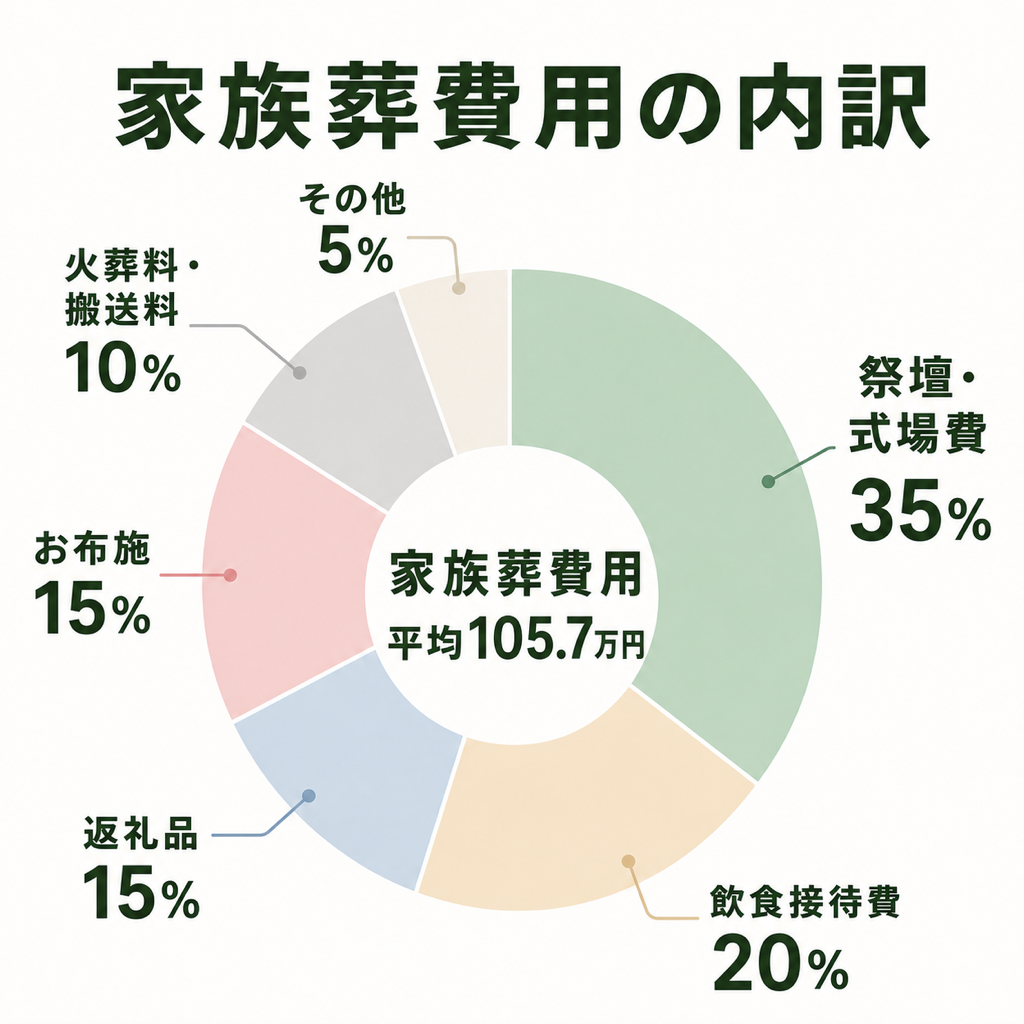 家族葬費用の内訳円グラフ。祭壇・式場費35%、飲食接待費20%、返礼品15%、お布施15%、火葬料・搬送料10%、その他5%という比率の内訳