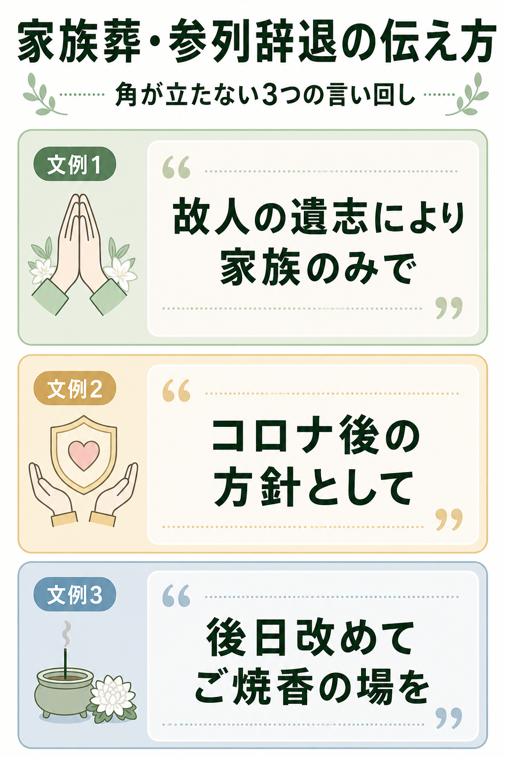 家族葬で「呼ばれなかった」と言われない断り方の3つの言い回し。故人の遺志により家族のみで・コロナ後の方針として・後日改めて焼香の場をという文例