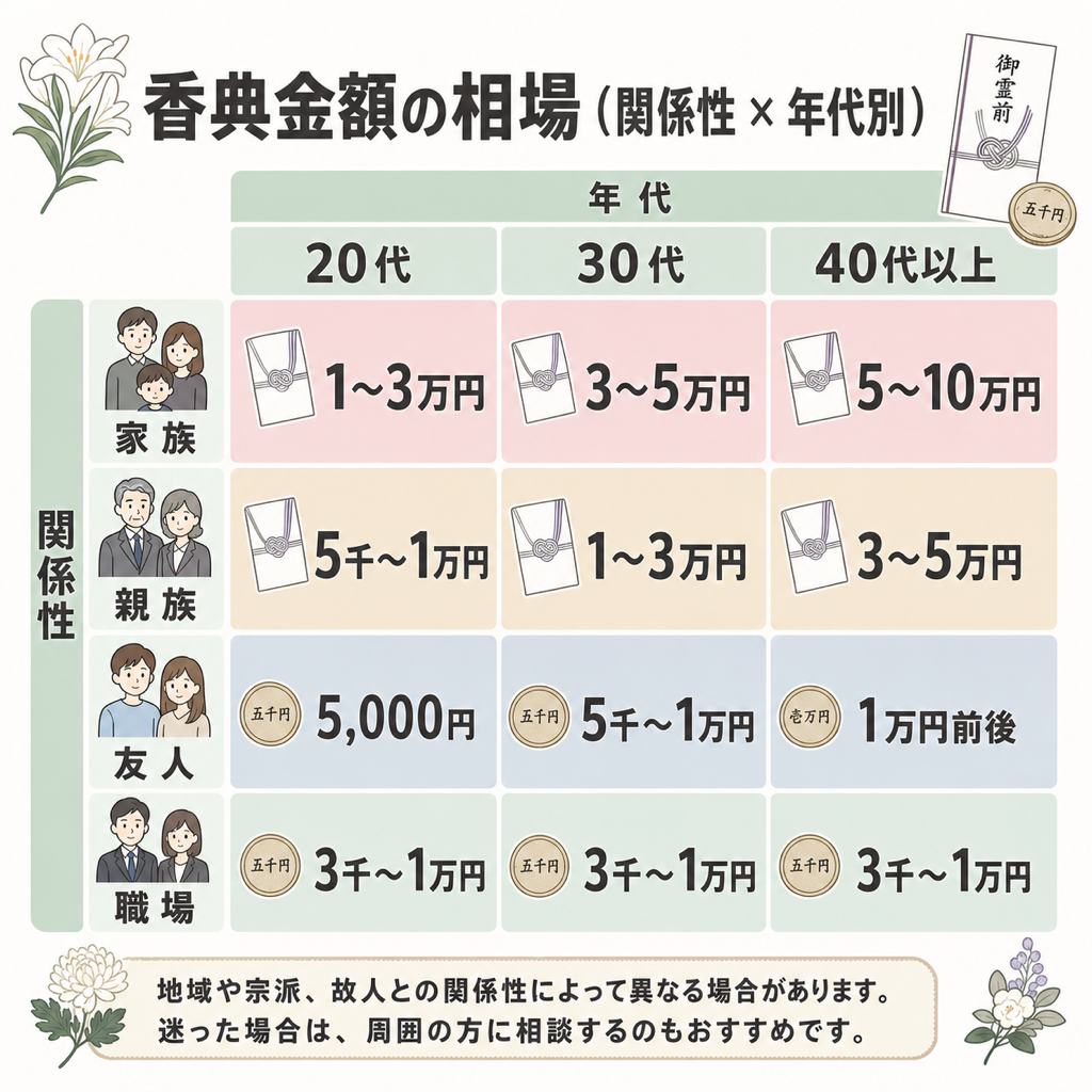 香典金額相場マップ。関係性と年代別に、家族・親族・友人・職場の各カテゴリで20代から40代以上の金額目安を5,000円から10万円の範囲で示したマトリクス