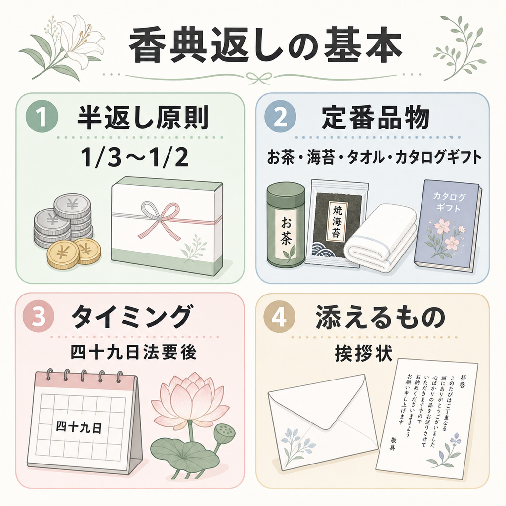 香典返しの相場と品物カード。半返しの原則として香典の1/3から1/2を目安に、お茶・海苔・タオル・カタログギフトなどの定番品物、四十九日法要後にメッセージカードを添えて送るタイミング