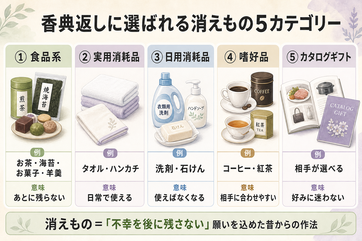 香典返しの消えもの品目一覧図解。5カテゴリーをアイコン化:お茶・海苔・お菓子(食品系)/タオル・ハンカチ(実用消耗品)/洗剤・石けん(日用消耗品)/コーヒー・紅茶(嗜好品)/カタログギフト(選択式)、それぞれに「あとに残らない」「日常で使える」「もらった側が選べる」など特徴説明を併記した5分類アイコン図