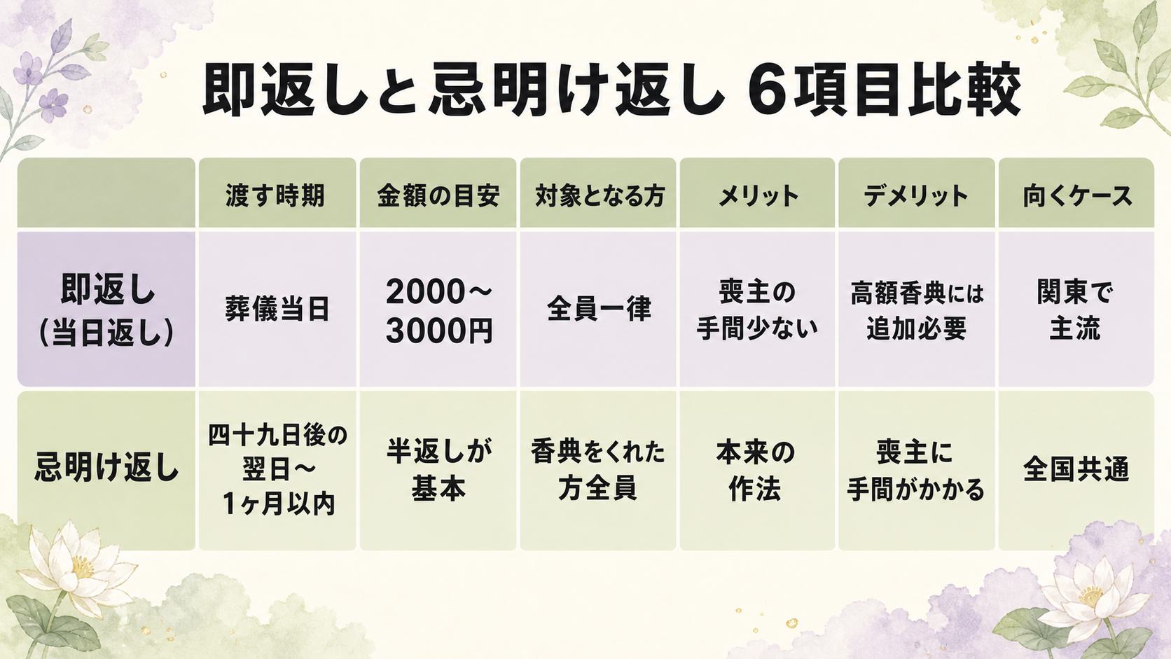 即返しと忌明け返しの比較表図解。縦軸:即返し(当日返し)/忌明け返し。横軸:渡す時期/金額/対象/良い点/気をつける点/向くケース、の6項目を比較。即返しは葬儀当日・2000〜3000円・全員一律・喪主の手間が少ない・高額香典には追加必要・関東主流。忌明け返しは四十九日後の翌日〜1ヶ月以内・半返しが基本・香典をいただいた方全員・本来の作法・喪主に手間がかかる・全国共通