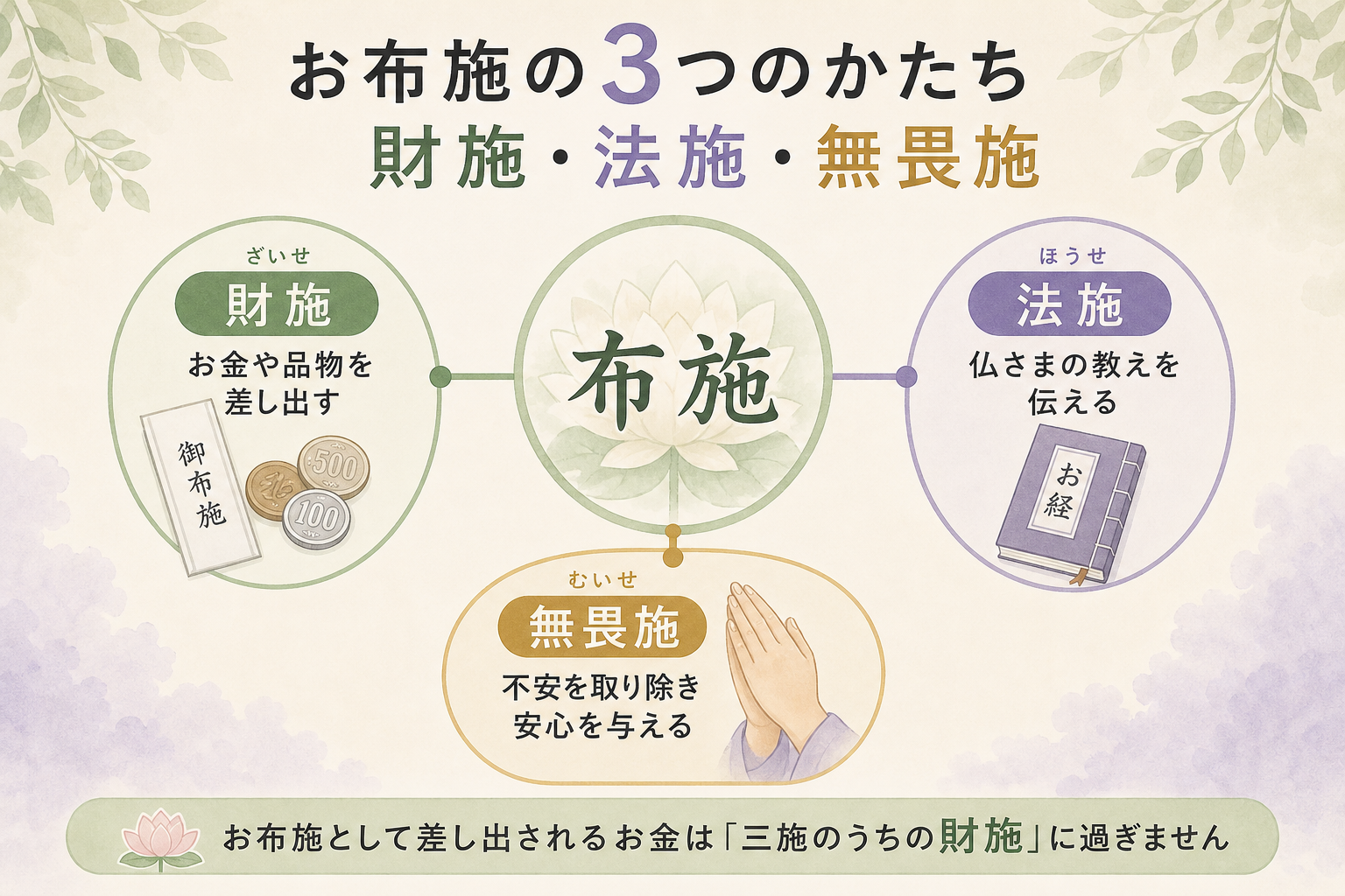 三施(財施・法施・無畏施)の関係図。中央に布施と書かれた円があり、そこから放射状に3要素が伸びる構造。財施=お金・品物を差し出す、法施=教えを伝える、無畏施=不安を取り除き安心を与える、の3つを各アイコンと一行説明で並べた図解