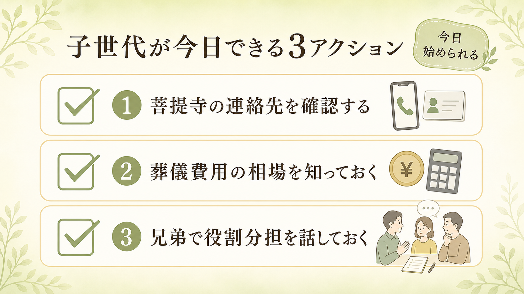 子世代が今日できる3アクションのチェックリスト。①菩提寺の連絡先を確認する／②葬儀費用の相場を知っておく／③兄弟と役割分担を話しておく の3項目を縦並びチェックリスト形式で日本語ラベル付きで示した図解