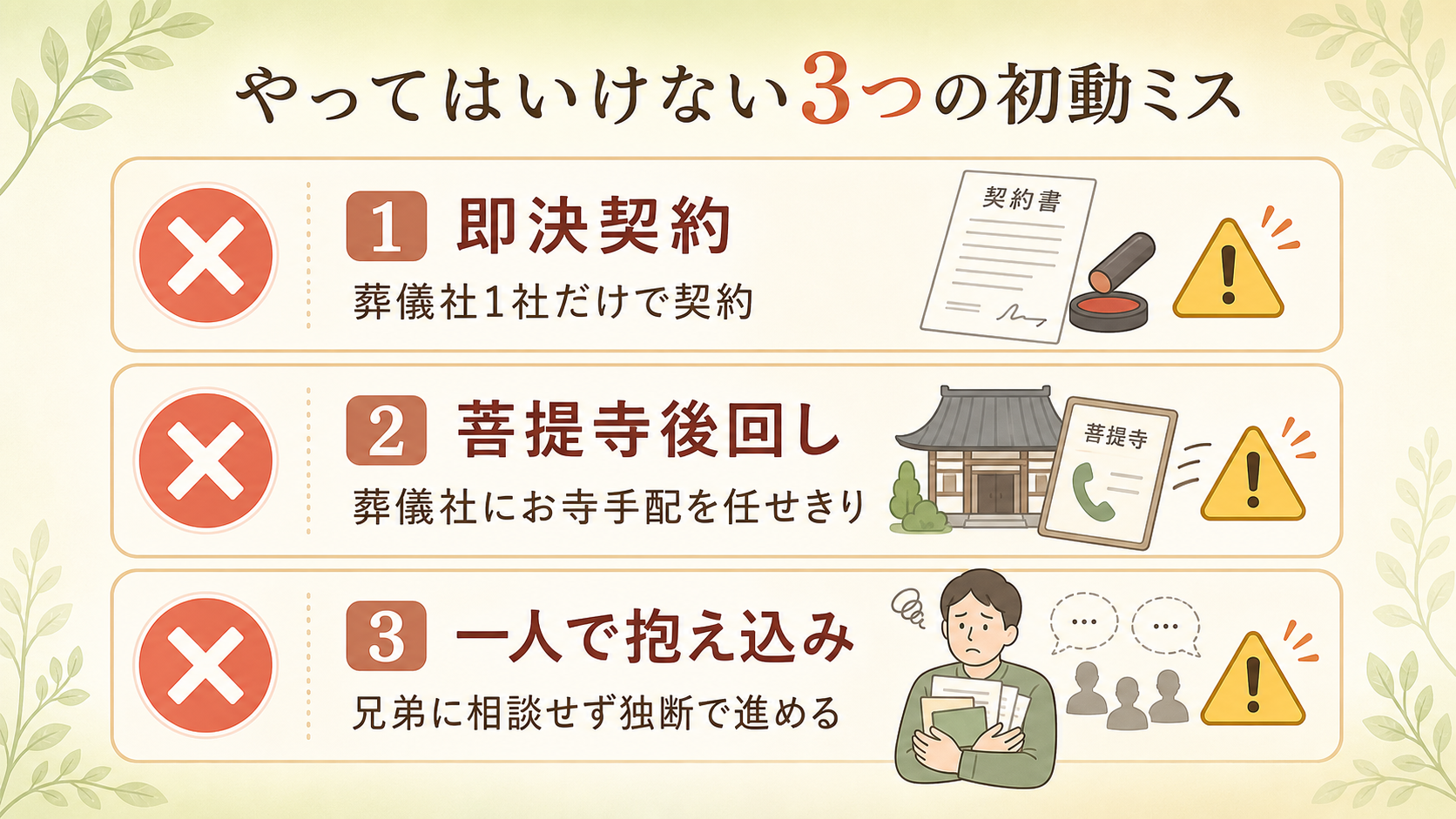 親の葬儀で子世代がやってはいけない3つの初動ミス。NGバッジ風アイコンで①即決契約(葬儀社の見積もりを比較せず契約)/②菩提寺後回し(葬儀社経由で連絡)/③一人で抱え込み(兄弟に相談せず判断)の3項目を縦並びで示した警告図解