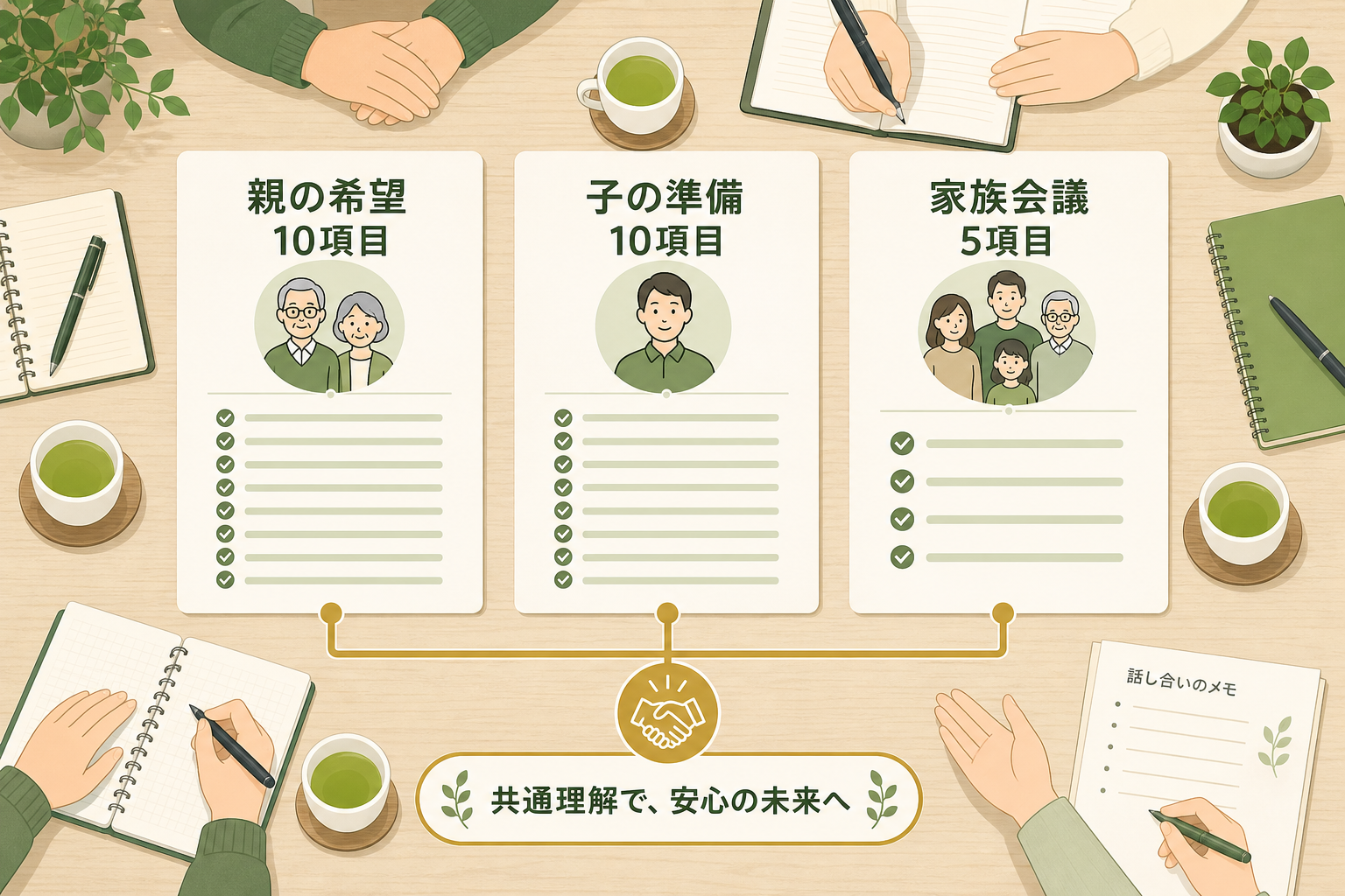 親の希望10項目・子の準備10項目・家族会議5項目の総合チェックリスト構造