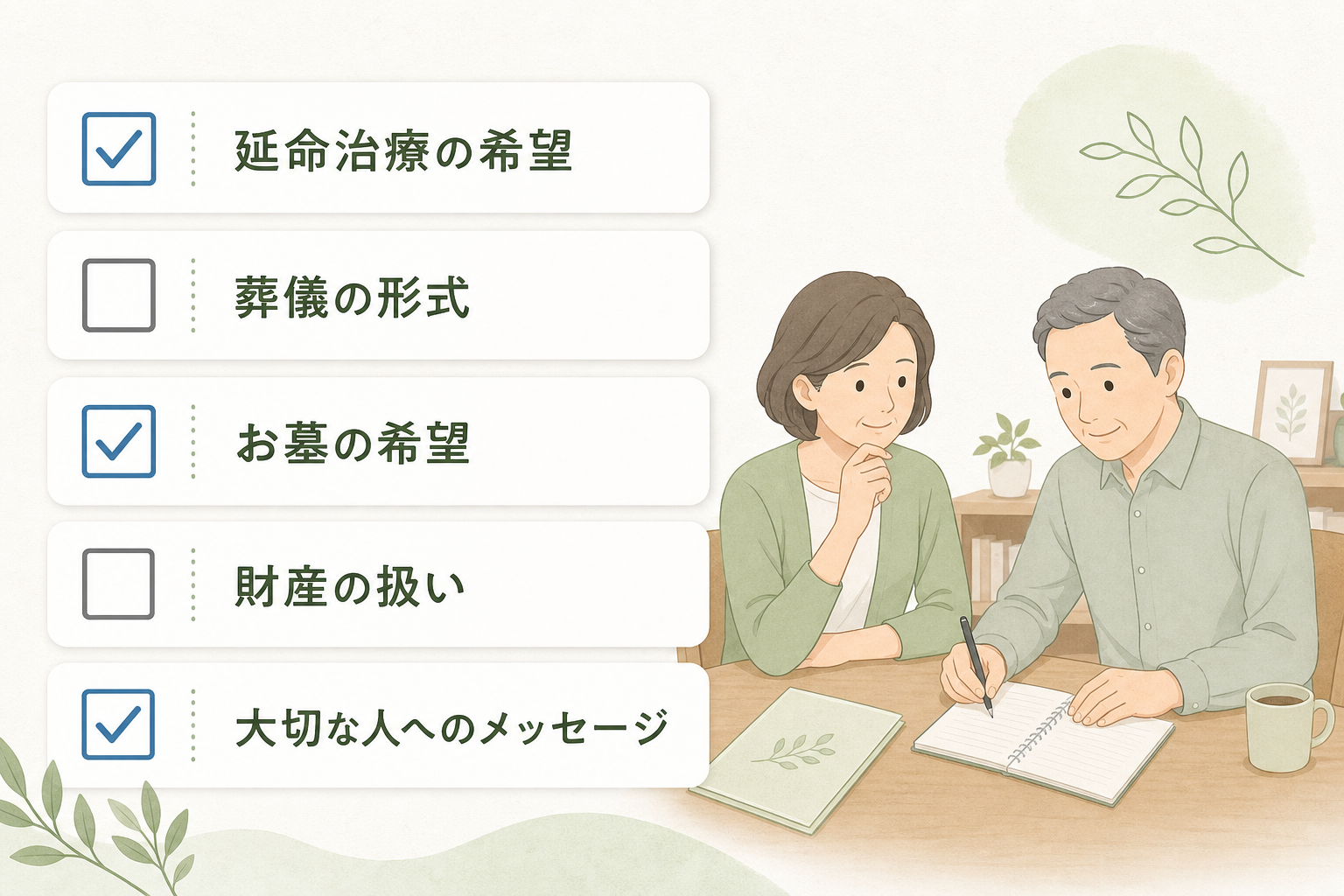 親と話し合って記録すべき5項目のチェックリスト図解。延命治療の希望（チェック済み）、葬儀の形式、お墓の希望（チェック済み）、財産の扱い、大切な人へのメッセージ（チェック済み）。右側に親子が穏やかに記入しているシーン。