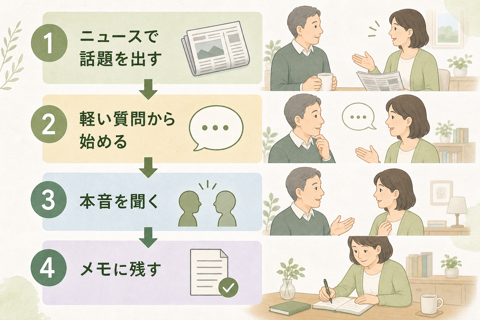 親と終活の話を始めるための4ステップフローチャート。①ニュースで話題を出す（新聞アイコン）→②軽い質問から始める（吹き出しアイコン）→③本音を聞く（対話シルエット）→④メモに残す（ノートアイコン）。各ステップに親子の対話イラストが付き、自然な切り出しの手順を可視化。