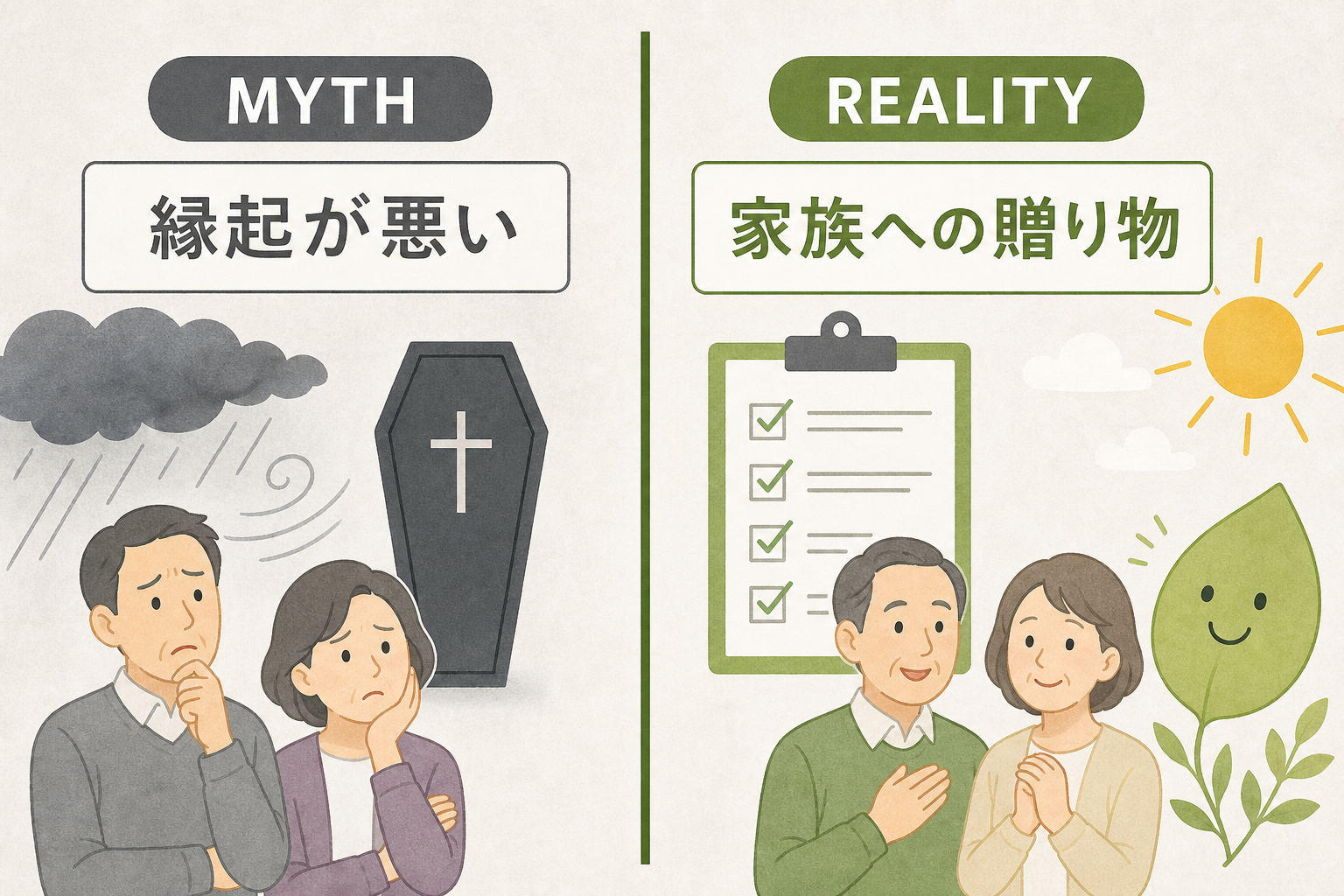 終活への誤解と本来の意味を対比した図解。左パネル『縁起が悪い』には曇り雲と棺・暗い表情の親、右パネル『家族への贈り物』にはチェックリスト・穏やかな表情の親と若葉。終活を恐れるものではなく、家族への贈り物として再定義する図解。