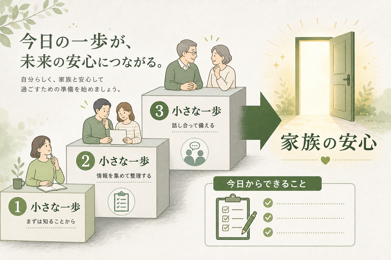 終活の最初の一歩を促すCTA画像。3つの階段（小さな一歩）として①まずは知ることから（情報収集）→②情報を集めて整理する（書類整理）→③話し合って備える（家族対話）が並び、矢印の先に開いた扉『家族の安心』。下部に『今日からできること』チェックリスト。