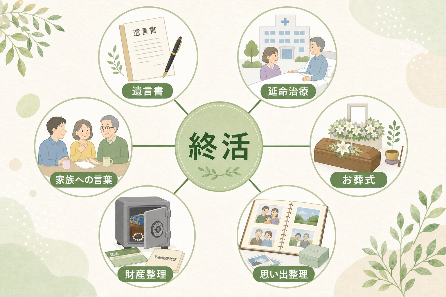 終活の領域マップ。中央『終活』を6つの円形領域が囲む構成：遺言書（書類とペン）、延命治療（病院と医師との対話）、お葬式（白い花と棺）、家族への言葉（笑顔の家族）、財産整理（金庫と書類）、思い出整理（アルバムと写真）。終活で扱う具体的な6領域を一覧で示した図解。