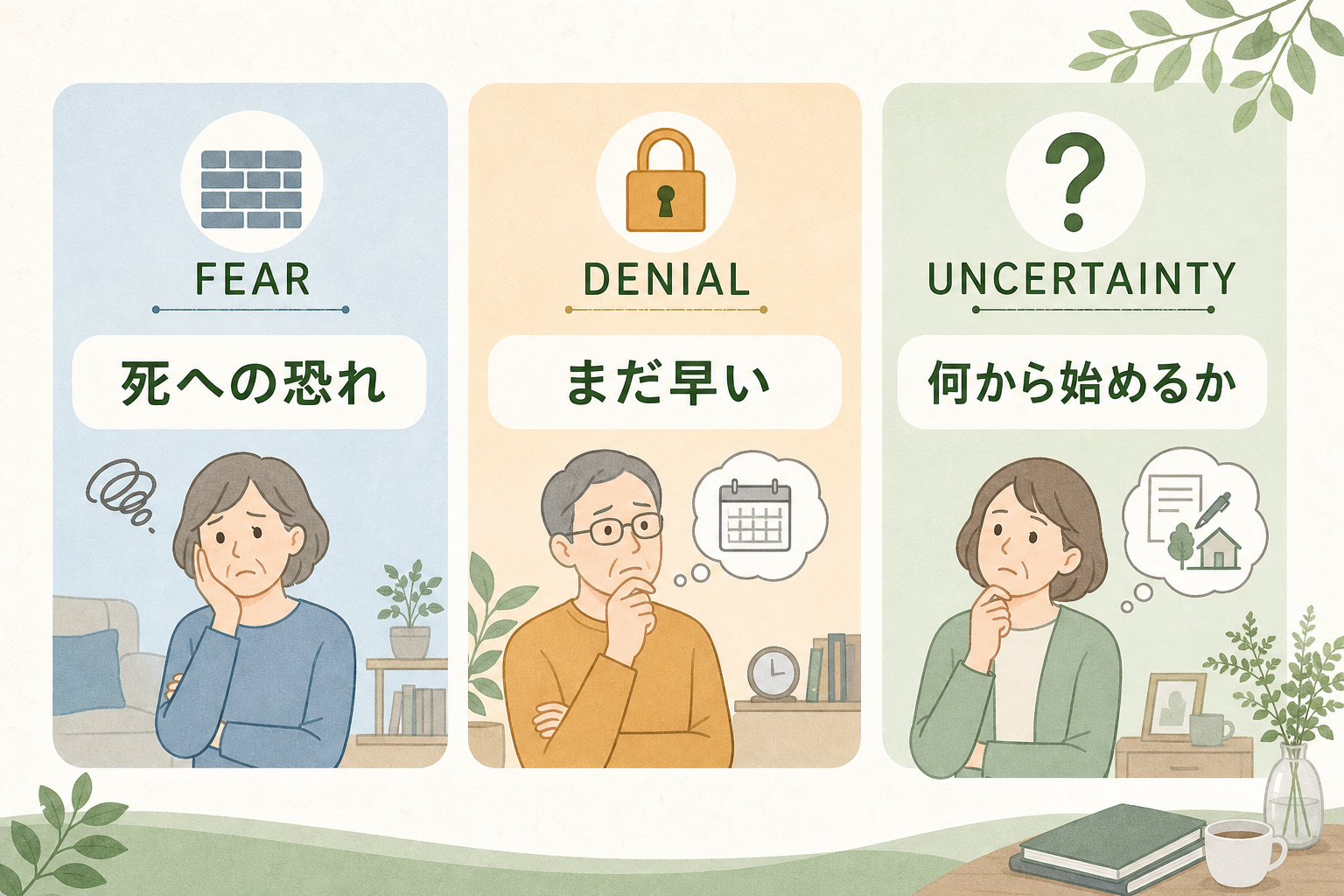 親が終活を嫌がる3つの心理的障壁を1枚にまとめた図解。3パネル並列で『死への恐れ』（思い悩む女性 + 壁のアイコン）、『まだ早い』（カレンダーを見て否定する男性）、『何から始めるか』（書類を前に困惑する女性 + 疑問符）を可視化。
