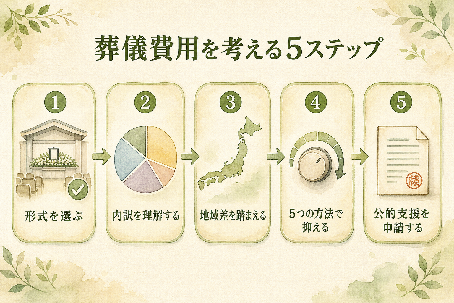 葬儀費用を考える進め方フロー。①形式を選ぶ(家族葬か一日葬か直葬か)→②内訳を理解する(5つの内訳)→③地域差を踏まえる→④5つの方法で抑える→⑤公的支援を申請する、の5ステップ矢印フロー図解