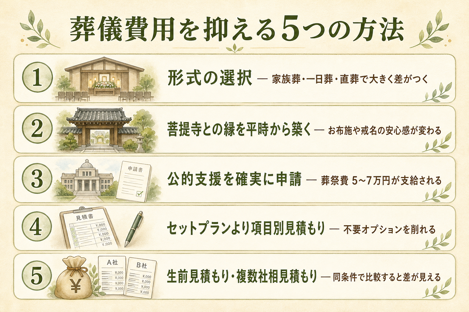 費用を抑える5つの方法一覧。①形式の選択(家族葬・一日葬・直葬)/②菩提寺との縁を平時から築く/③公的支援を確実に申請(葬祭費5〜7万)/④セットプランより項目別見積もり/⑤生前見積もり・複数社相見積もり、の5項目を縦並びカード形式で示したフラット図解