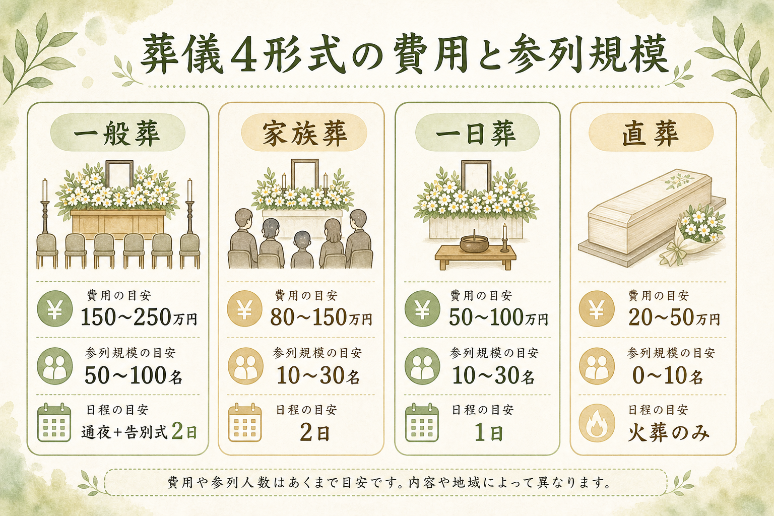 葬儀4形式の費用相場比較カード。一般葬(150〜250万円・50〜100名・通夜+告別式の2日間)/家族葬(80〜150万円・10〜30名・通夜+告別式の2日間)/一日葬(50〜100万円・10〜30名・告別式のみ1日)/直葬(20〜50万円・0〜10名・火葬のみ)の4形式を費用・参列・日程で横並びに比較したフラット図解