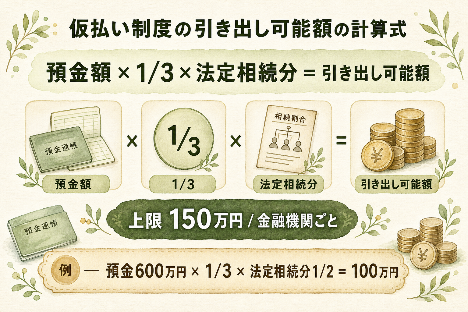 仮払い制度の引き出し可能額の計算式。預金額×1/3×法定相続分=引き出し可能額、上限150万円/金融機関ごと。例として預金600万円×1/3×法定相続分1/2=100万円の計算例
