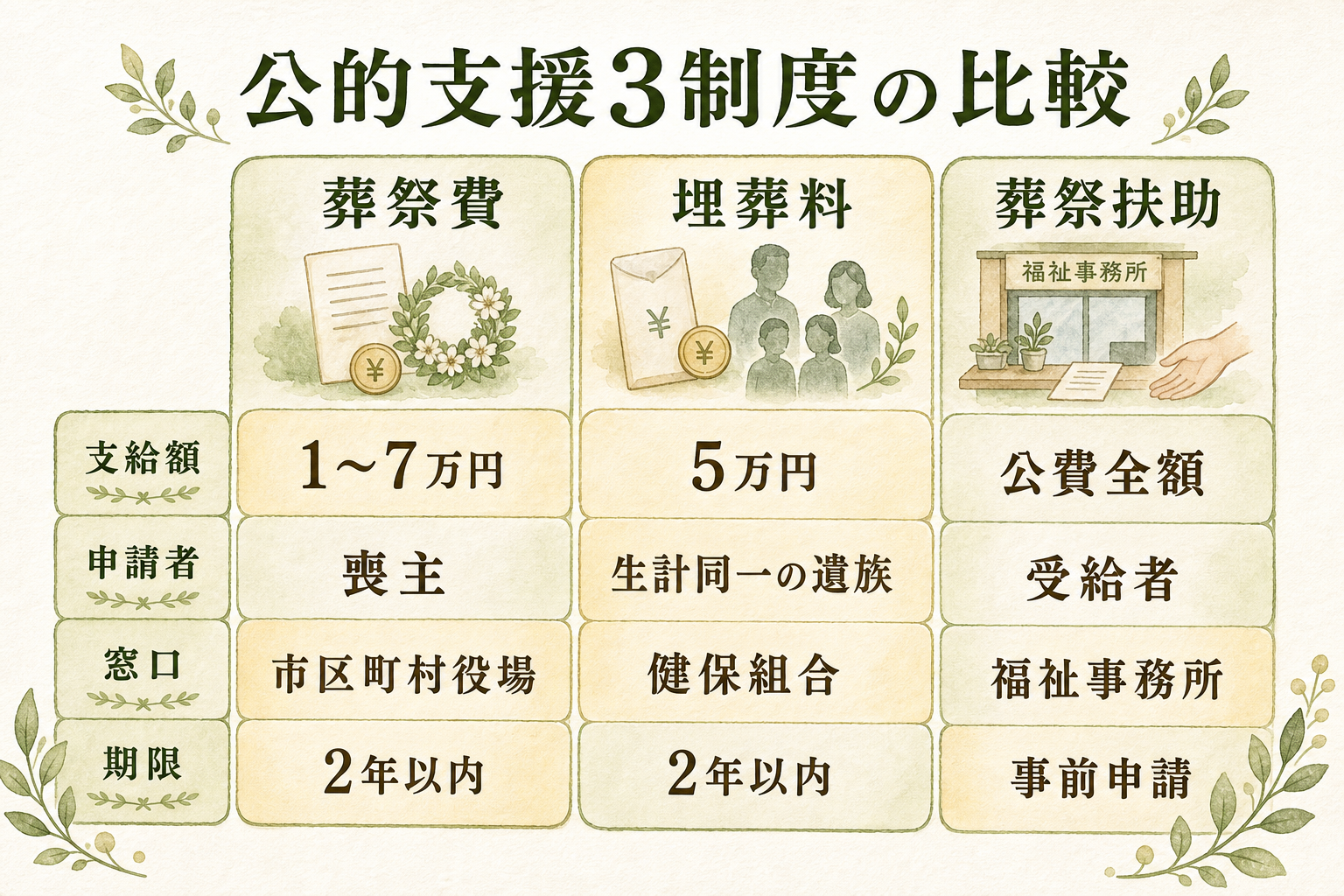 主な公的支援3制度の詳細。①国民健康保険の葬祭費(1〜7万・喪主・市区町村役場へ・申請期限2年)/②健康保険組合の埋葬料(5万・故人と生計同一の遺族・勤務先の健康保険組合へ・申請期限2年)/③葬祭扶助(生活保護受給者・自治体の福祉事務所へ)の3つを横並び表形式で示したフラット図解。各制度の支給額・申請者・窓口・期限を整理