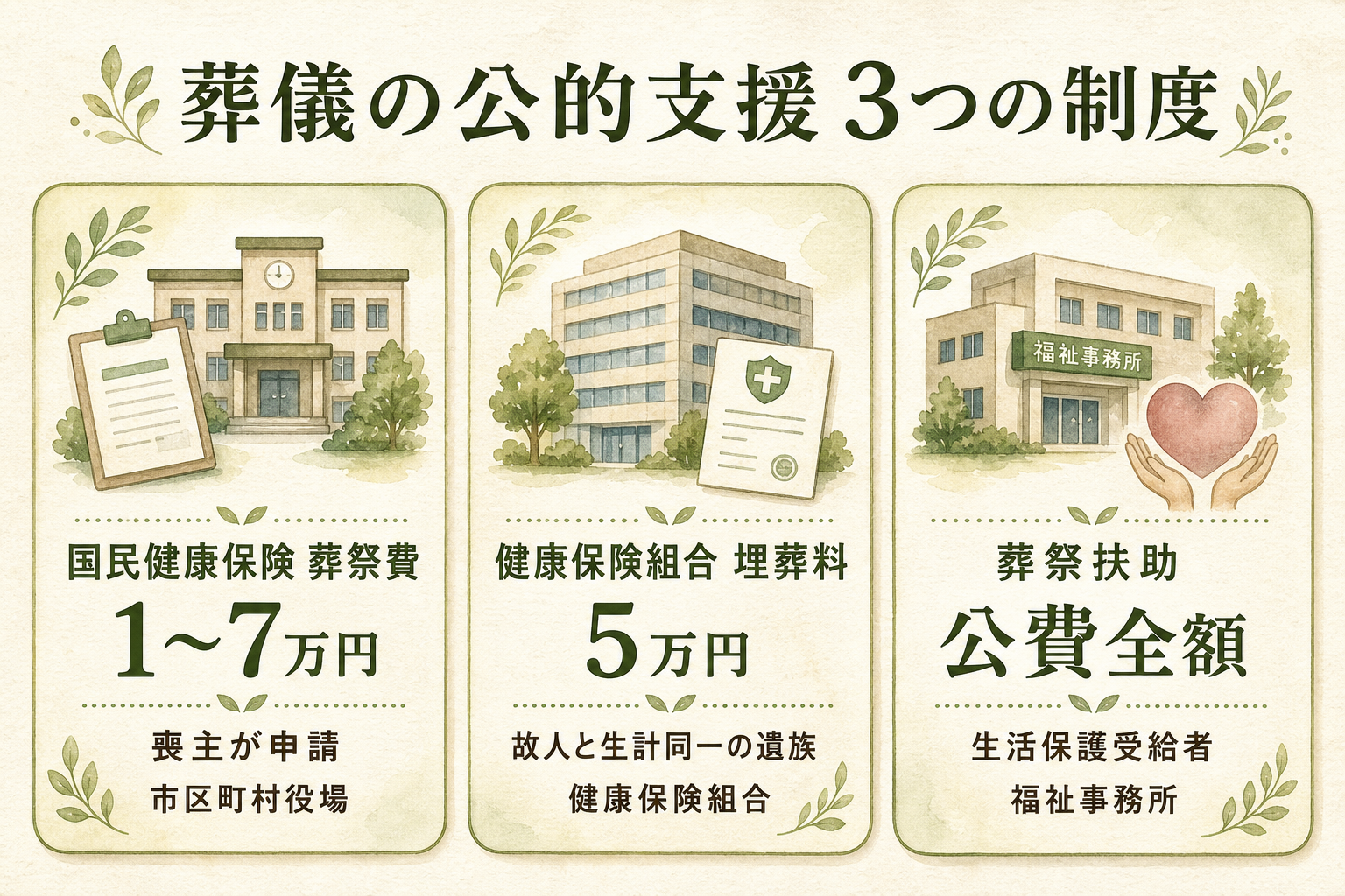 葬儀の公的支援3制度の比較。①国民健康保険の葬祭費(自治体により1〜7万・喪主が申請・故人住所地の市区町村)/②健康保険組合の埋葬料(5万・故人と生計同一の遺族が申請・勤務先の組合)/③葬祭扶助(生活保護受給者向け・自治体ごと)の3つを並列カード形式で示したフラット図解