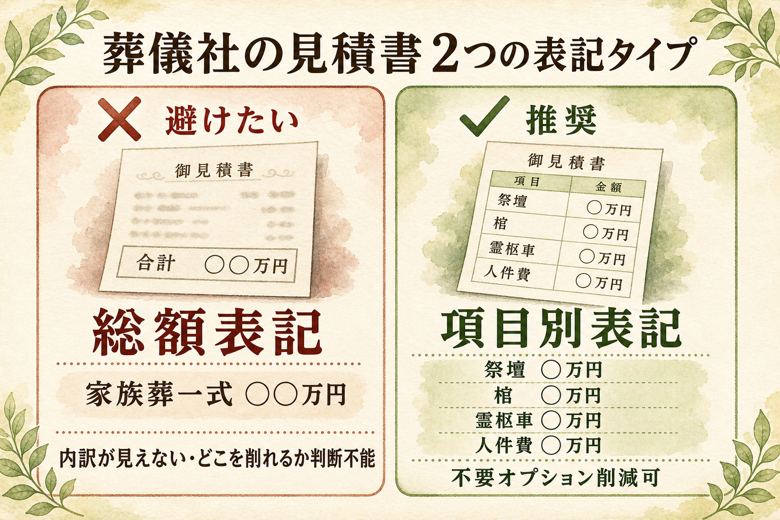 葬儀社の見積書2つの表記タイプ比較。避けたい総額表記（家族葬一式○○万円・内訳が見えず削れる項目を判断不能）と、推奨される項目別表記（祭壇・棺・霊柩車・人件費を1つずつ列挙・不要オプション削減可）の対比図解。総額表記には×、項目別表記には✓のマーカー