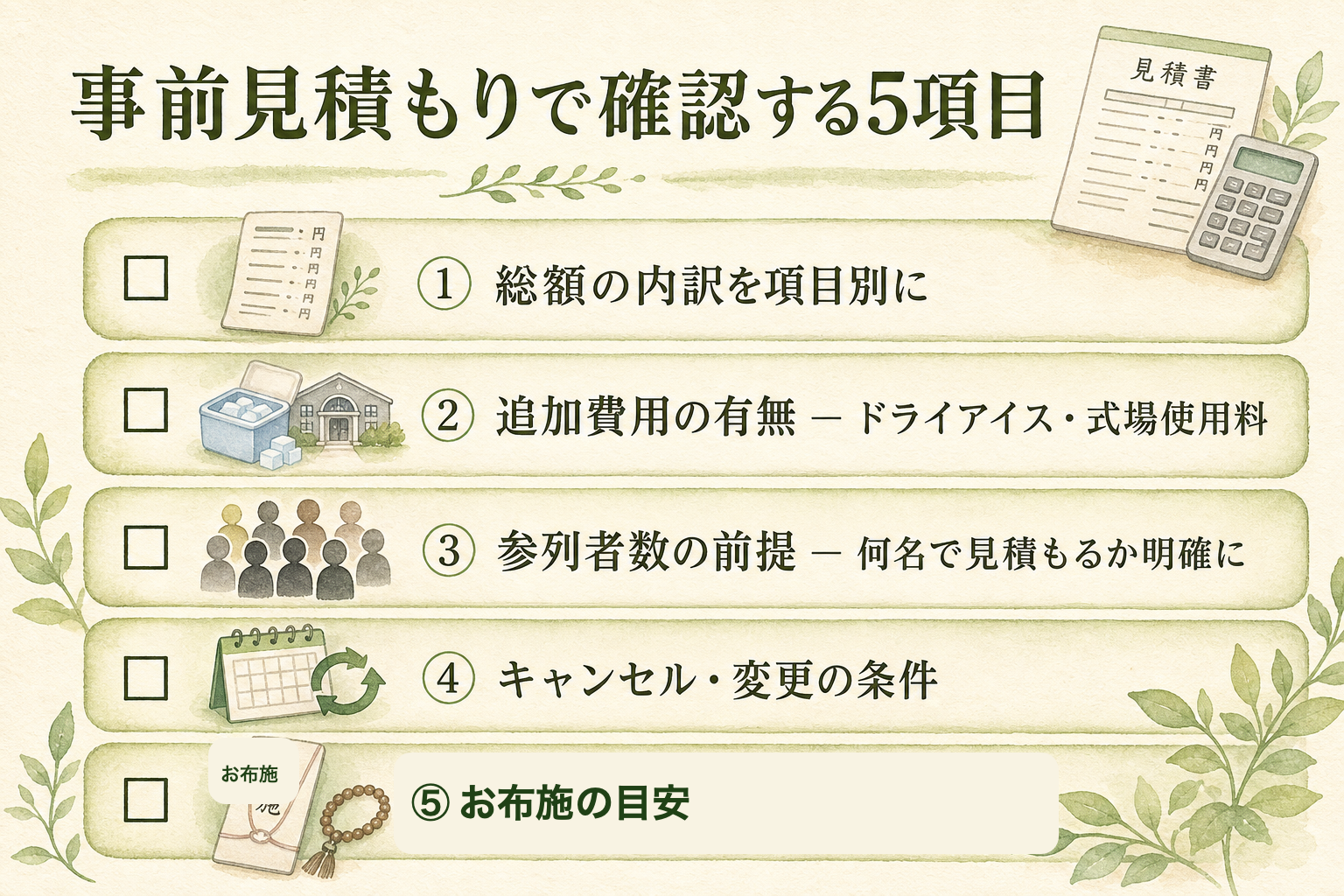事前見積もりで確認すべき5項目。①総額の内訳がわかる項目別明細/②セット外になりがちな追加費用(ドライアイス・式場使用料・火葬料)/③参列者数の前提(50名と30名で変わる)/④キャンセル・解約の条件/⑤お布施の目安(葬儀社で目安を聞ける場合あり)、の5項目を縦並びチェックリスト形式で示したフラット図解