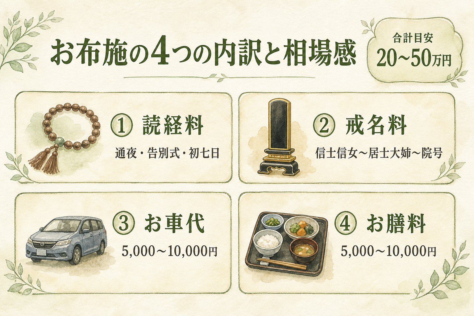 お布施の4つの内訳と相場感。①読経料(通夜・告別式・初七日)、②戒名料(信士信女〜居士大姉〜院号)、③お車代(5,000〜10,000円)、④お膳料(5,000〜10,000円)の4カードと、合計目安20〜50万円の図解