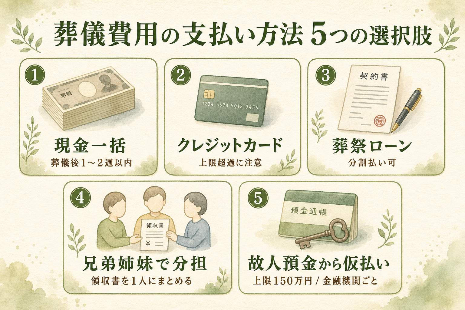 葬儀費用の5つの支払い方法。①現金一括/②クレジットカード(高額のため上限超過に注意)/③葬祭ローン(葬儀社提携・分割払い可)/④兄弟姉妹で分担(領収書を1人にまとめると後の相続で整理しやすい)/⑤相続資産から支払い(凍結前手続きが鍵)、の5つを縦並びカード形式で示したフラット図解
