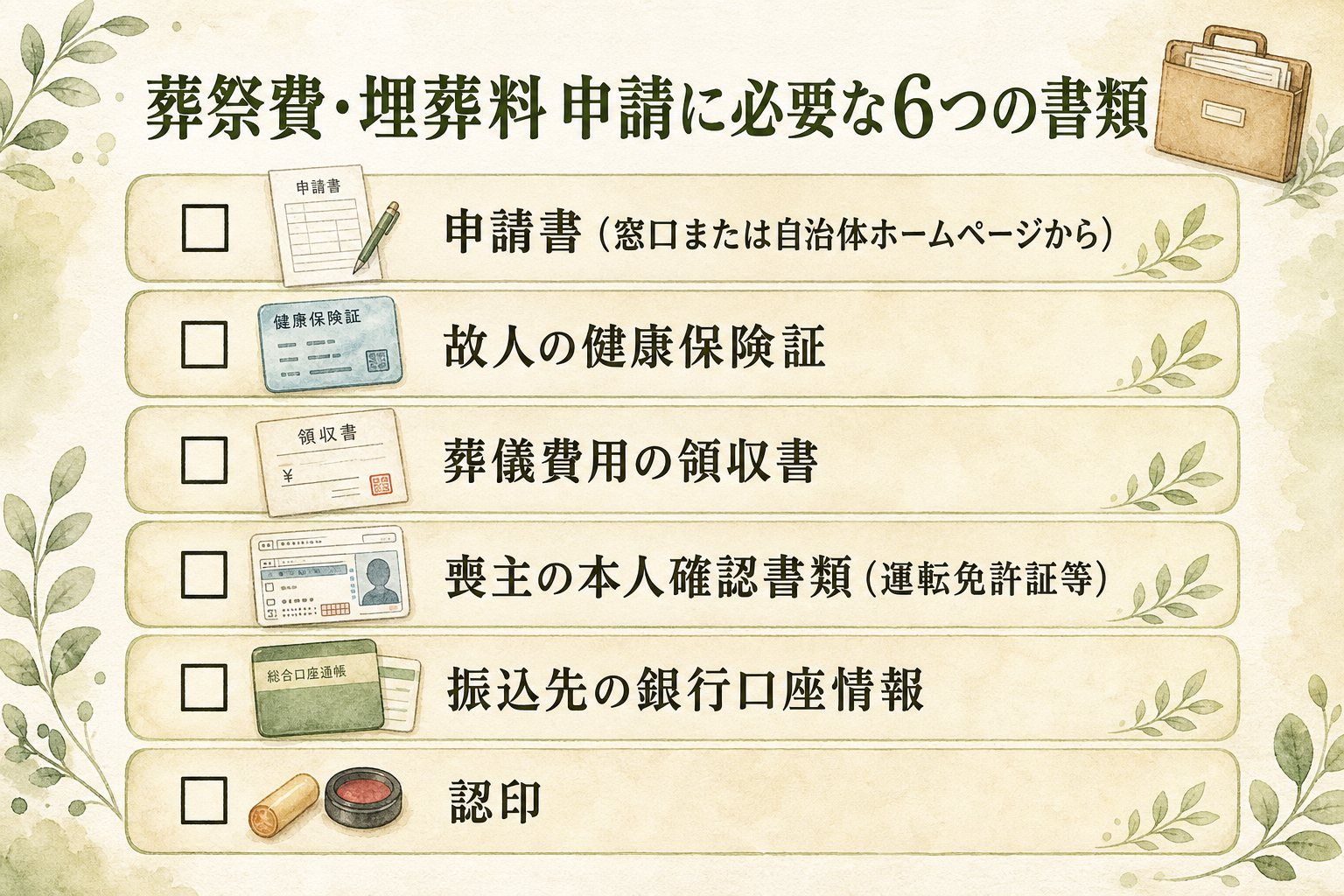 葬祭費・埋葬料の申請に必要な6つの書類チェックリスト。①申請書(窓口または自治体ホームページから)、②故人の健康保険証、③葬儀費用の領収書、④喪主の本人確認書類(運転免許証等)、⑤振込先の銀行口座情報、⑥認印