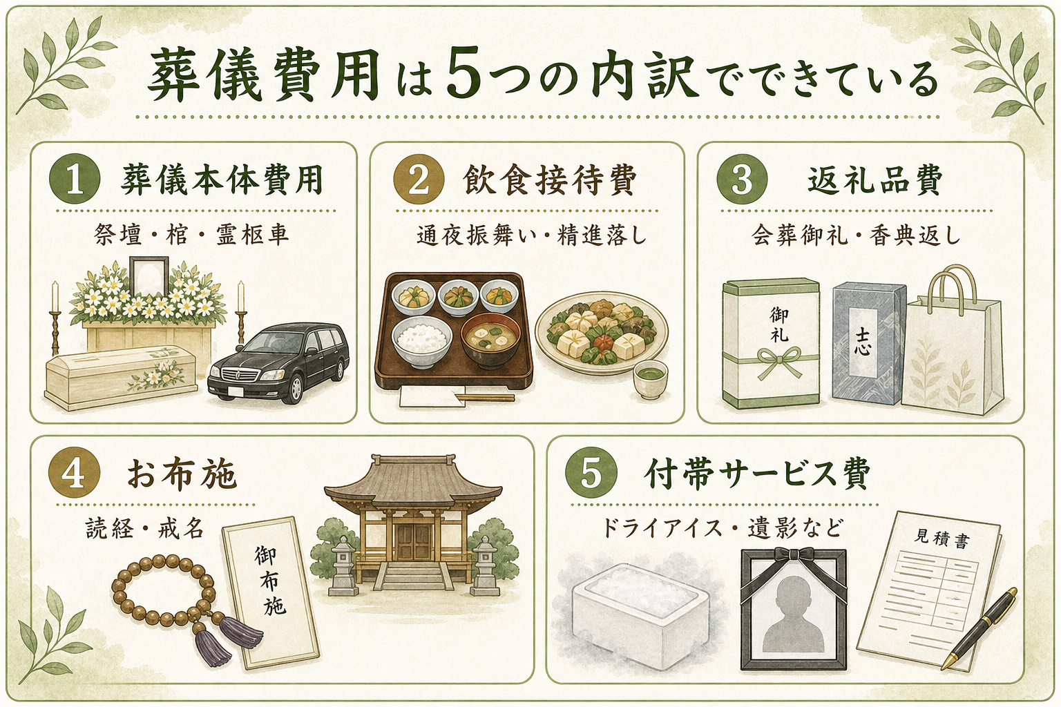 葬儀費用の5つの内訳カード。①葬儀本体費用（祭壇・棺・霊柩車・人件費）／②飲食接待費（通夜振舞い・精進落し）／③返礼品費（会葬御礼・香典返し）／④お布施（読経・戒名・お車代・お膳料）／⑤付帯サービス費（ドライアイス・遺影・式場使用料）の5つを並列カードで示したフラット図解