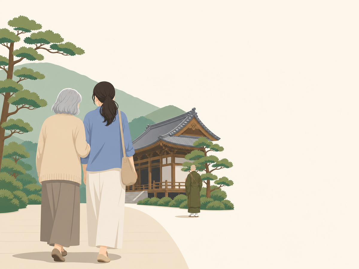 親と娘がお寺の参道を並んで歩き、お坊さんが見守る後ろ姿のイラスト